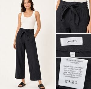 Relaxed Boho Level99 Women's Wide Leg Tie Waist Pants Size 28 Black Linen Blend